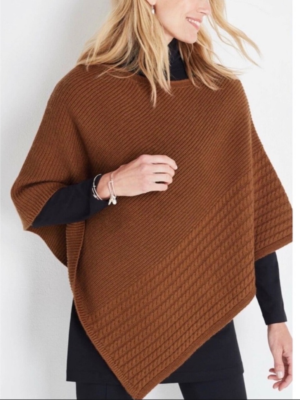 J. Jill NWT Cabled Ribbed Poncho One Size Nutmeg Brown Cotton Lagenlook Comfy